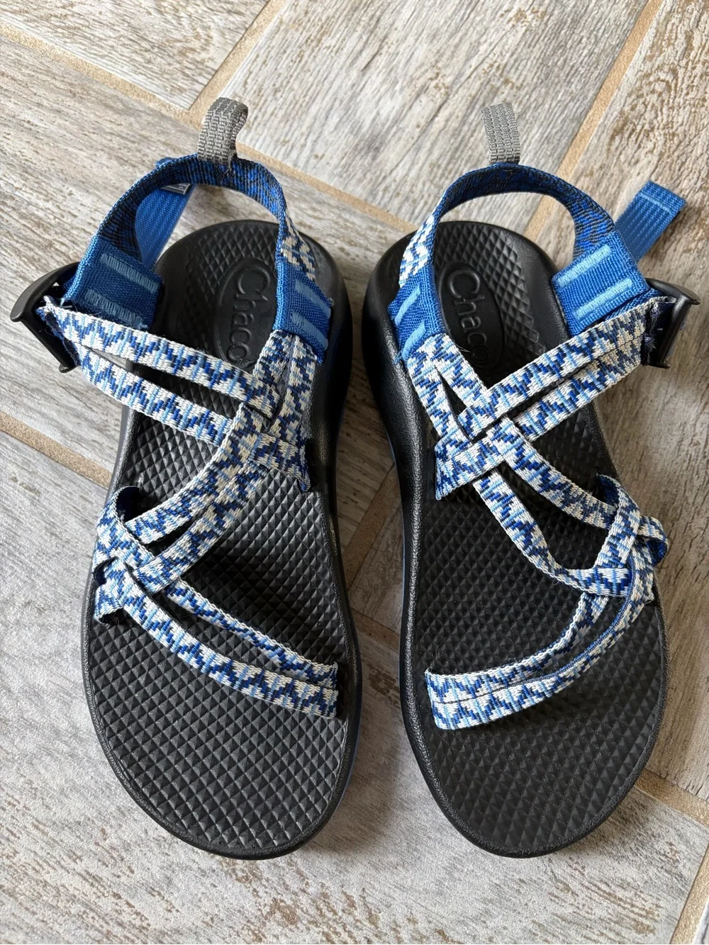 Chaco Kids Blue and White Patterned Strap Sandals